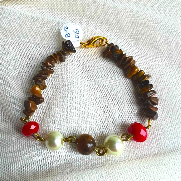 Hand Crafted Jewelry - Genuine Tiger Eye Gemstone Faux Pearl & Red Crystal Bracelet - Handmade NWT